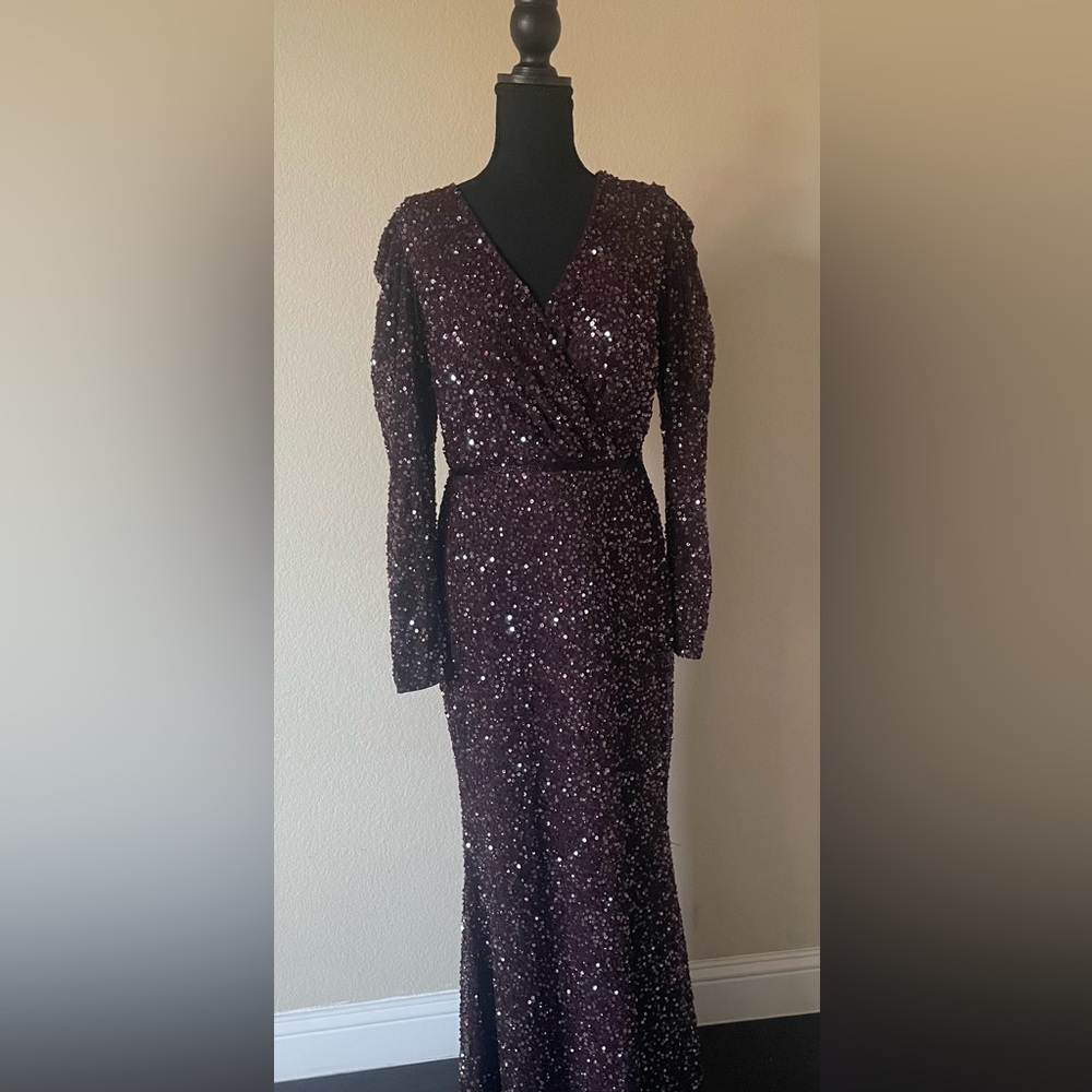 Mac Duggal Burgundy  Sequin Long Sleeve Dress